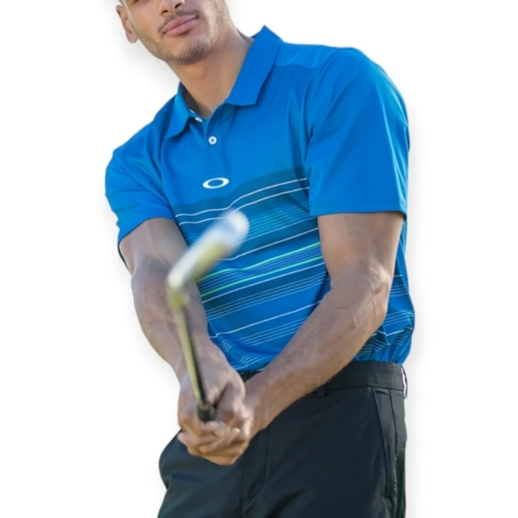 Oakley Men's Regular Fit High Crest Blue Striped Short Sleeve Golf Polo Large - Picture 1 of 16
